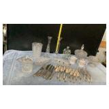 Flatware, candy dishes, crystal candle holders,
