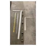 Yard sticks, squares, level