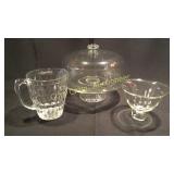Glass Cake Plate, Pitcher And Small Chip/Cracker
