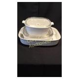 Corningware 3 pc 2  all white 1 with Blue design