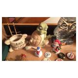 Box of Misc Figurines and Political Pins
