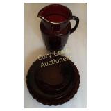 Ruby Red Anchor Hocking Pitcher& misc plates