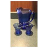 Blue Depression Pitcher w/6 Glasses