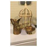 Brass Pitcher and Basket, Wooden Birdcage