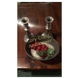 Pewter Candle Sticks & Bowl