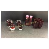 Assorted Ruby Red juice glasses, Salt and Pepper