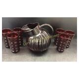Set of Ruby Red Six Tea glasses and Pitcher