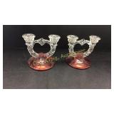 Set of Two Ruby Red glass Candlebras