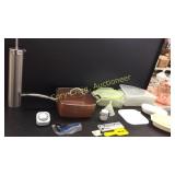 Light Timer, Copper Chef pan, Corning Ware dish,