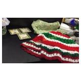 Hand crotcheted tree skirt, basket, birdhouse,