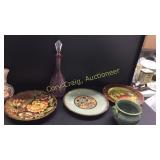 Decorative plates, two pitchers, knife block s