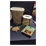 Ceramic Trash can and matching Kleenex holder,