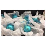 Ten blue decorative Christmas ornaments