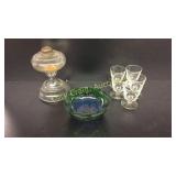 5 Short Stem Glasses, Green and Blue Center