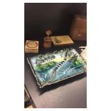 Flamingo ashtray, Recipe box, ladies gloves, jar