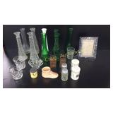 9 Long Neck Vases, Salt Pepper, Crystal Cups