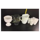 Bowl, Clear glass Pitcher and Milk Glass