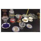 Two tea cups and plates, Coin glass bowl, Bird