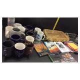 Assorted coffee cups, Two Pyrex baking dishes,