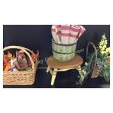 Basket With Artificial Flowers Wood Stool, Basket