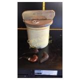 Stone crock, with homemade lid, tobacco, pipes