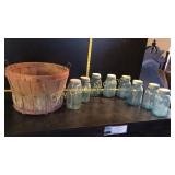 Old basket with 8 Blue Jars