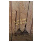 Two rakes and hoe