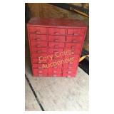 Metal cabinet with 27 drawers  some tools and misc