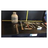 Assorted tools and Glass jar