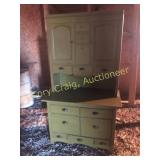 Antique Oak 2 pc. Bakers Cupboard, painted green,