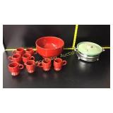 Red Punch Bowl With Cups, Ceramic Soup Dish