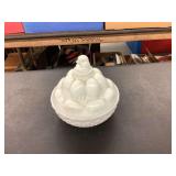 Milk Glass Chicken on Nest Covered Dish