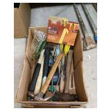 Box Lot Assorted Hand Tools and Ozark Trail Tent Pegs