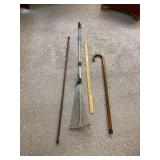 Metal Rake, Wooden Walking Cane and Metal Rod