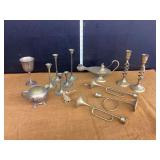 Mixed Metal Lot Including Decorative Lamp, Candlesticks, and Miniature Horns
