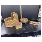 Assorted Decorative Items including Baskets, Boxes, and Metal Heart Decorations
