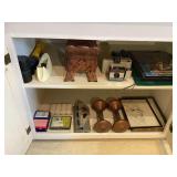 Wooden Book Stand, Fitness Weights, & Framed Artwork