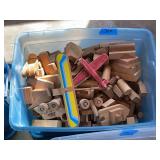 Assorted Wooden Toy Blocks and Vehicles in Storage Bin