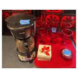 Mr. Coffee Maker with Red Glass Goblets and Holiday Coasters