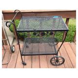 Black Metal Two-Tier Rolling Utility Cart with Floral Accents
