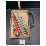 Assorted Hand Tool Collection Including Snap-on Pipe Wrench and C-Clamp