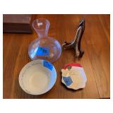 Assorted Holiday Glassware: Bowl, Santa Plate, Decanter, and Display Stand