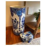 Blue and White Floral Ceramic Umbrella Stand with Rabbit Figurine