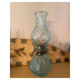 Blue Pressed Glass Miniature Oil Lamp with Liberty Bell and Eagle Motifs