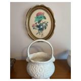 Floral Botanical Print in Oval Gold Tone Frame and Ceramic Footed Basket with Handle
