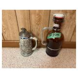Two Glass Mugs: Amber Growler with Metal Hardware and National Guard Stein