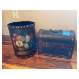 Painted Floral Trash Can and Decorative Storage Chest