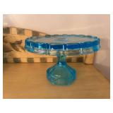 Aqua Pressed Glass Compote with Lid and Footed Stand