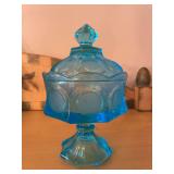 Blue Pressed Glass Covered Compote Coin Pattern
