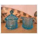 Aqua Depression Glass Creamer and Covered Sugar Bowl Set
